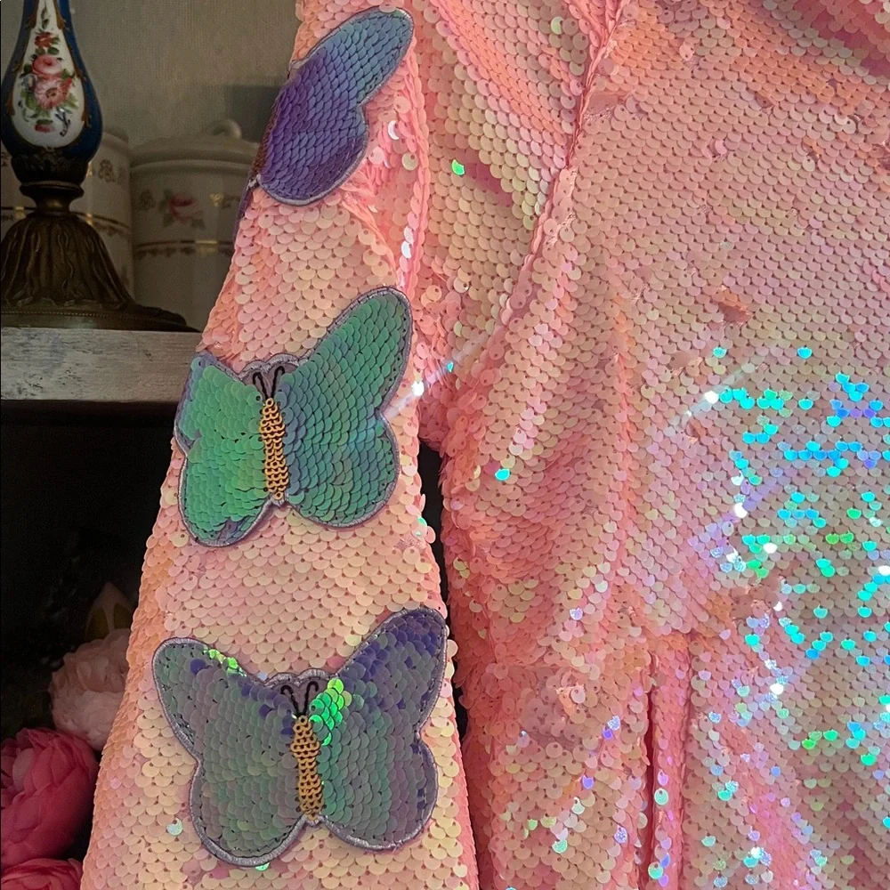 Pink Sequin Jacket with Butterfly Patches custom made by 3 wildflower designs !! - Picture 3 of 13